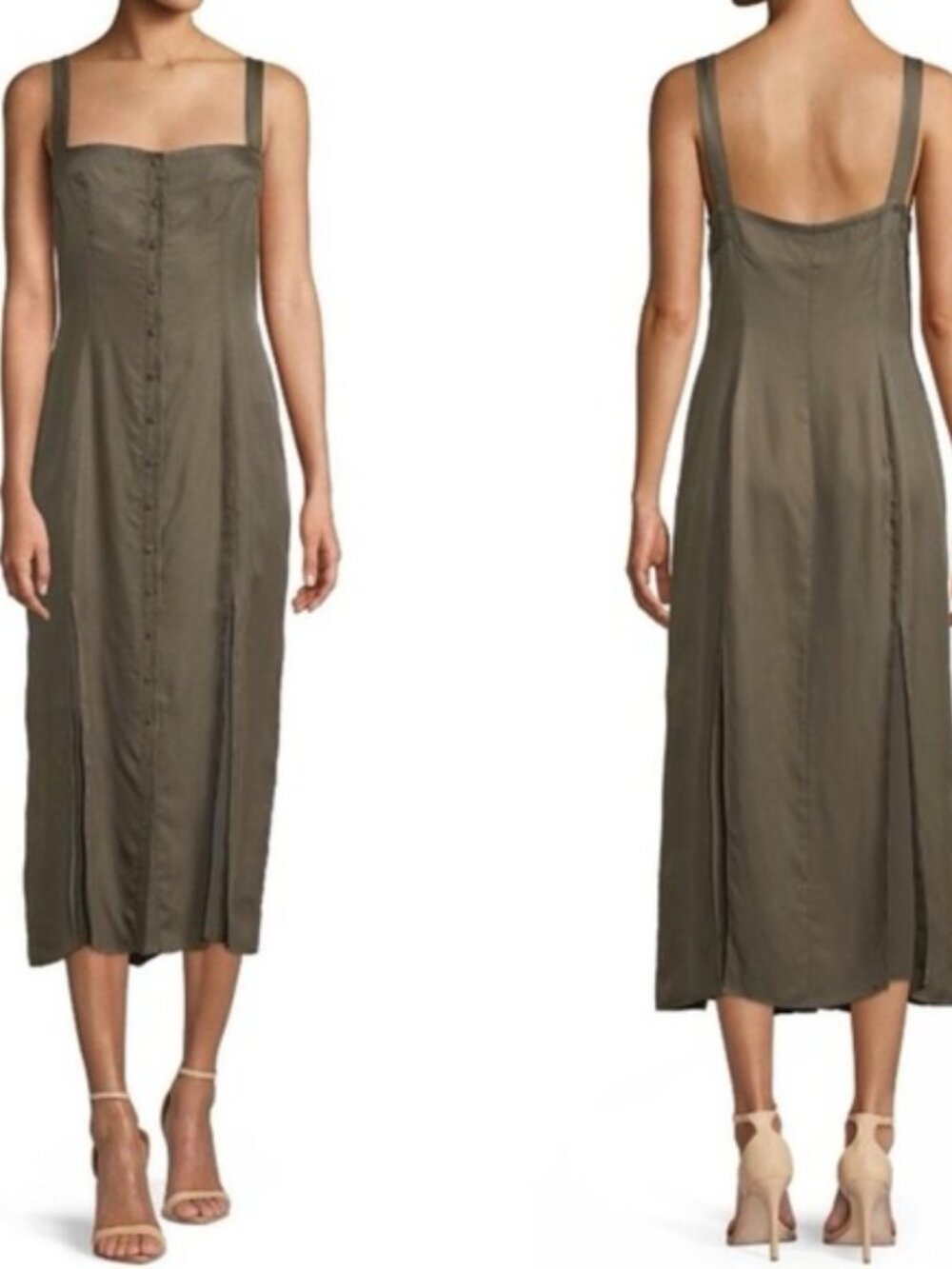 Olive Green Button-Front Midi Dress